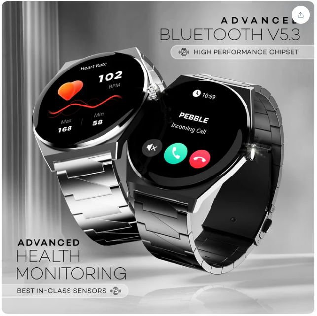 Pebble Royale Steel Smart Watch with One Year Warranty.